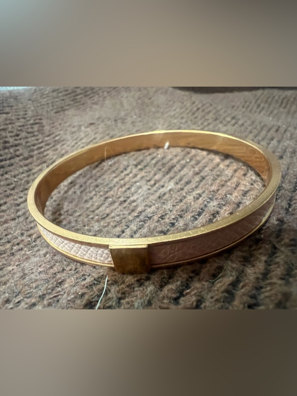 Hermes Gold Tone Bangle with Tan Leather Inlay authentic